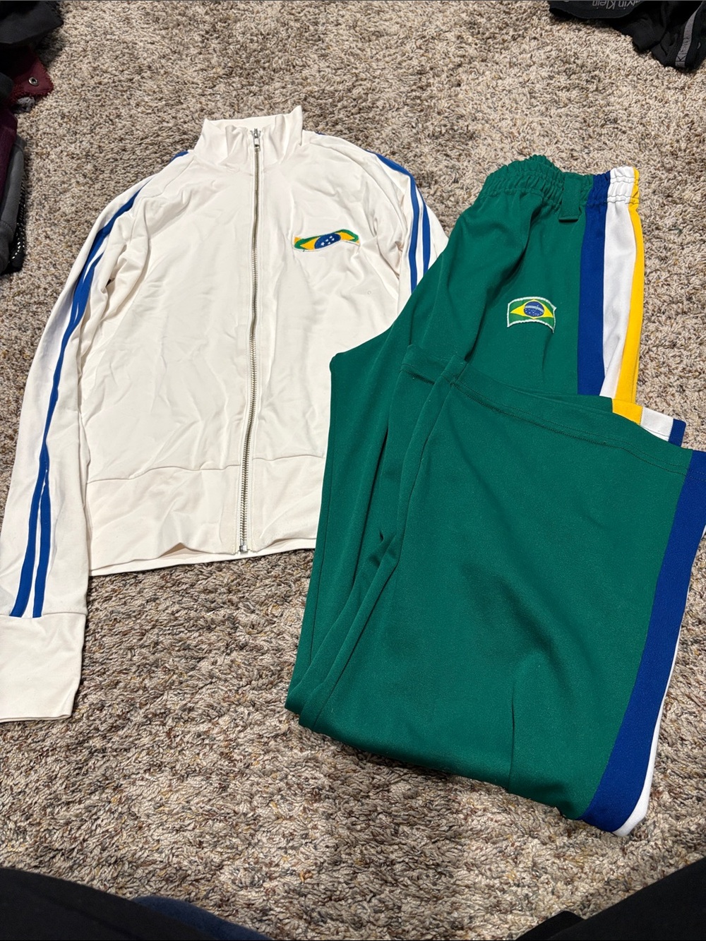 White Zip Track Jacket & Green Side-Strip Pants Set with Brazilian Flag Patch